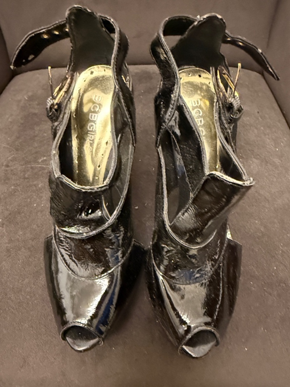 BCBGirls Black Patent Peep-Toe Slingback Heels with Ankle Strap